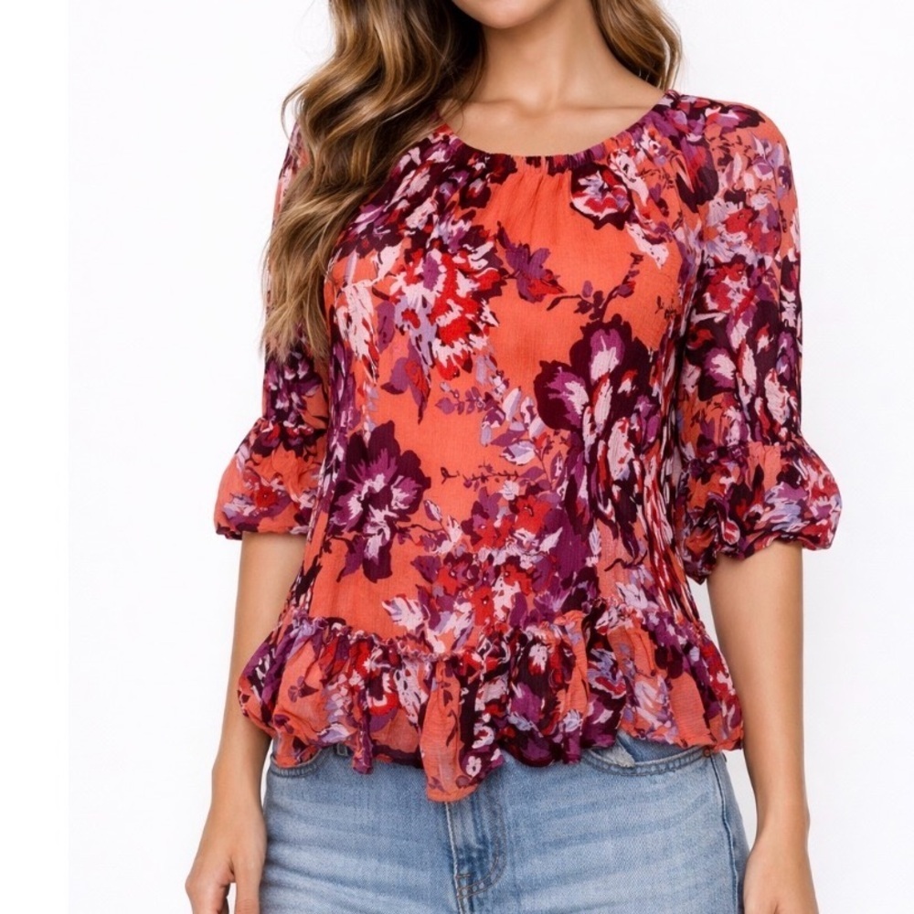 Lucky Brand Popover Ruffled Floral Blouse elastic shoulder on or off lightweight